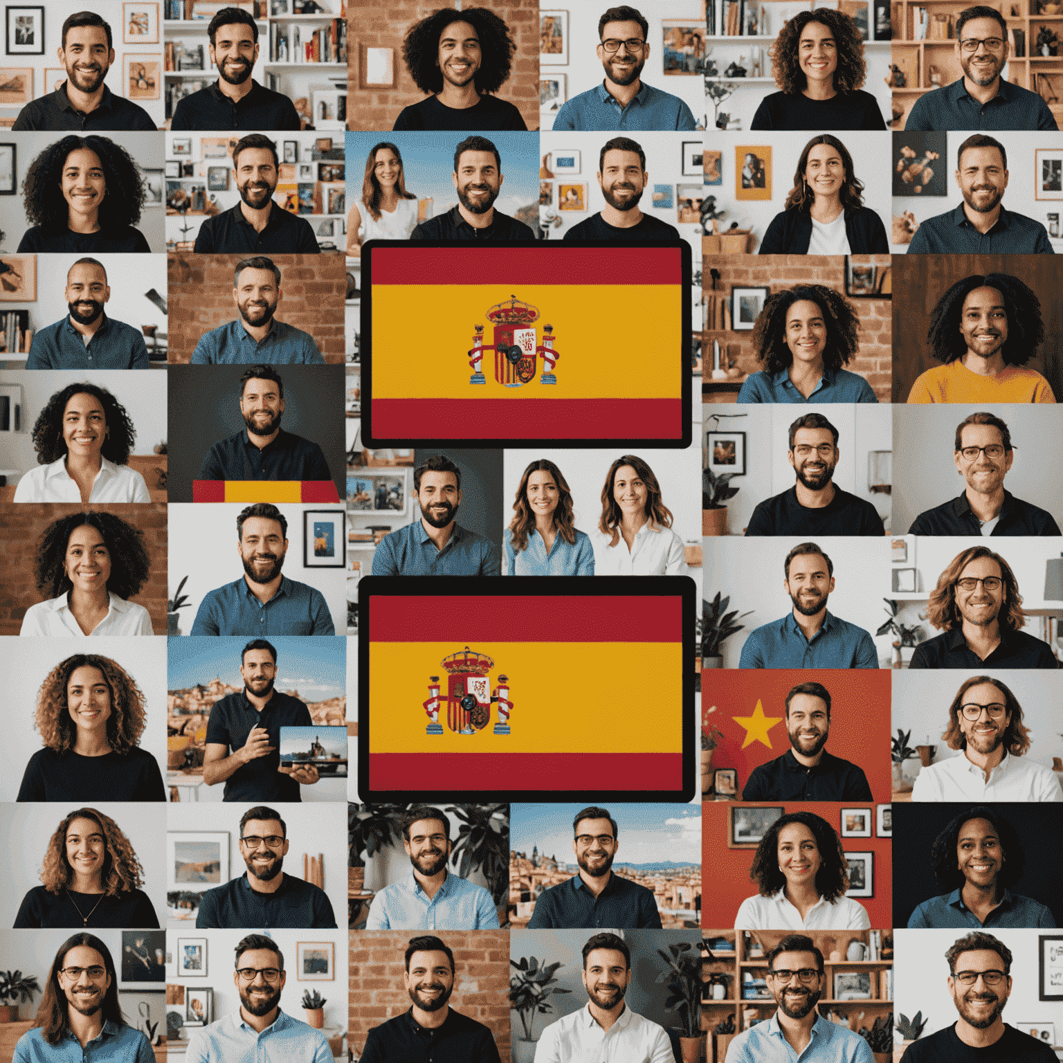 Collage de creadores de contenido españoles utilizando diferentes plataformas y herramientas, mostrando la diversidad de contenido en el mercado español