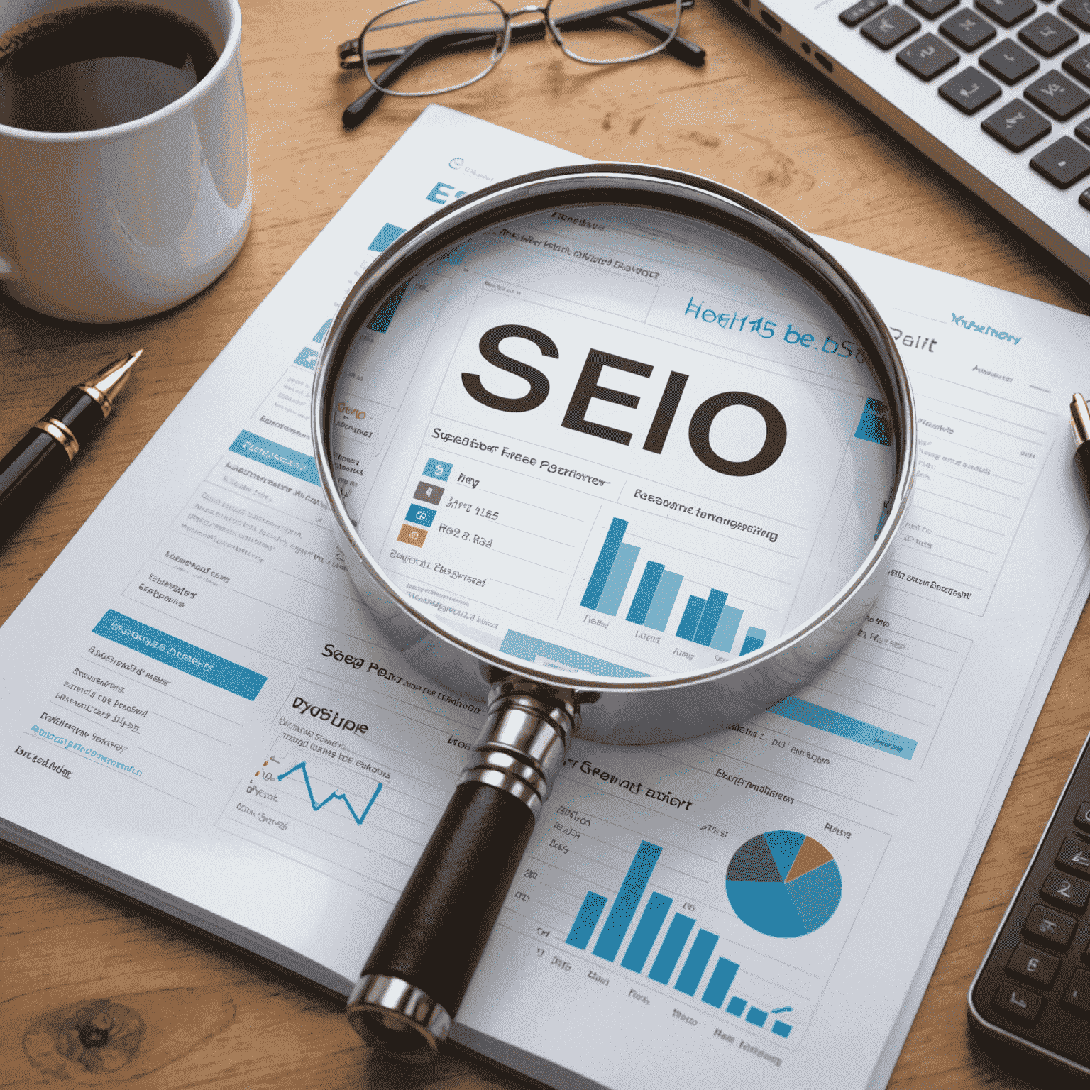 Imagen que ilustra las mejores prácticas de SEO, mostrando una lupa sobre palabras clave y gráficos de posicionamiento en buscadores